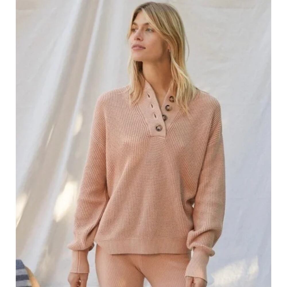 Lunya M coral pink Cozy Cotton Silk Pocket Henley Sweater